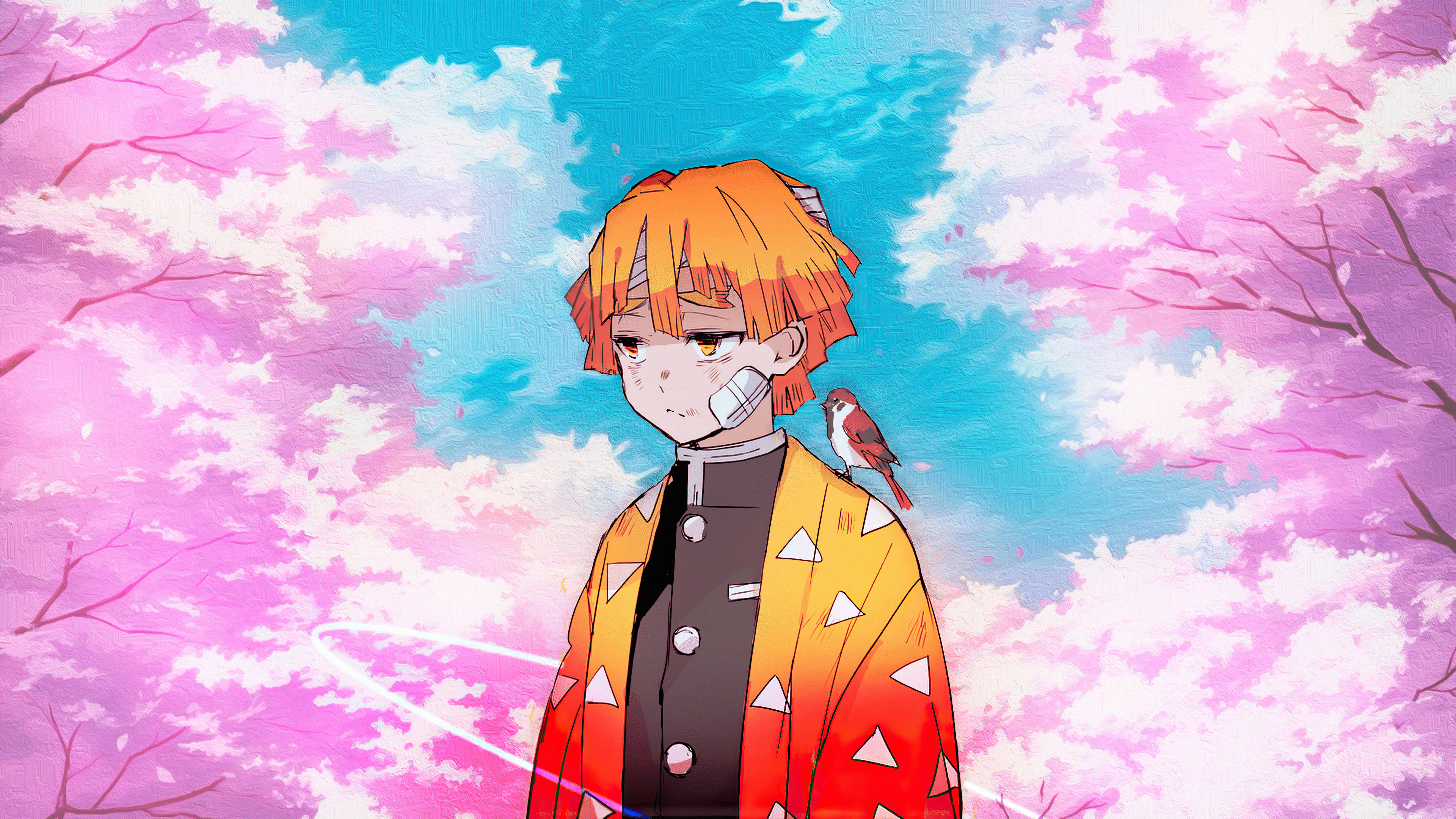 桌布 壁紙 — 一個橙色頭髮、肩上站著一隻鳥的動漫角色，站在粉紅色櫻花樹下，背景是明亮的藍天。