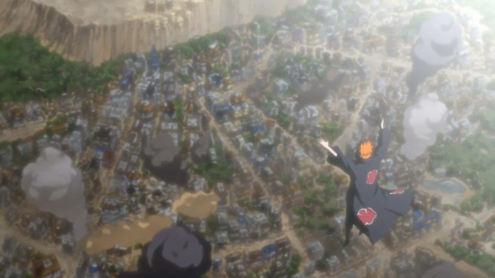 Konoha 桌布 壁紙 — 一個橙色頭髮、身穿紅色雲紋斗篷的動漫角色，在戰爭摧殘的城市上空翱翔，被毀建築物冒出濃煙。