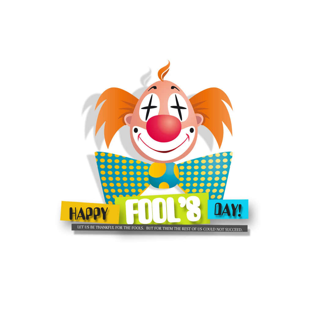 April Fools 桌布 壁紙 — 一個橙色頭髮和紅鼻子的開朗卡通小丑，在色彩繽紛的「Happy Fool's Day」橫幅上方微笑。