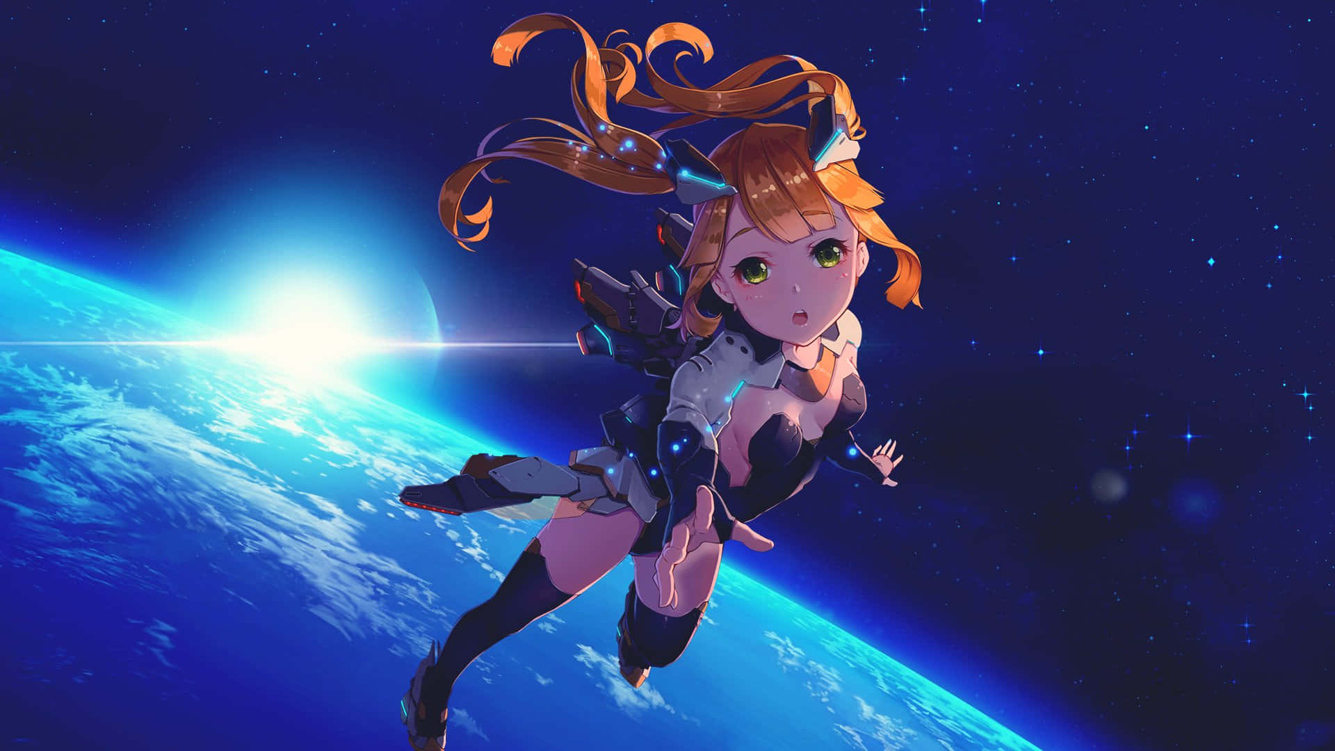 太空 桌布 壁紙 — 一個橙色頭髮的動漫女孩漂浮在太空中，旁邊有一顆發光的藍色行星，星星在她周圍閃爍。