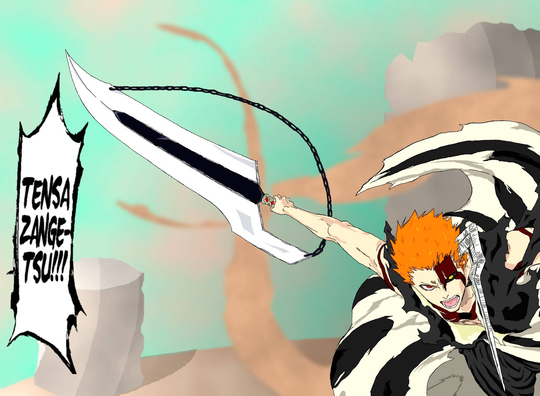 Bankai 桌布 壁紙 — 一個橙色頭髮的動漫角色，以動態戰鬥姿勢揮舞著一把帶有黑色鎖鏈的白色大劍。