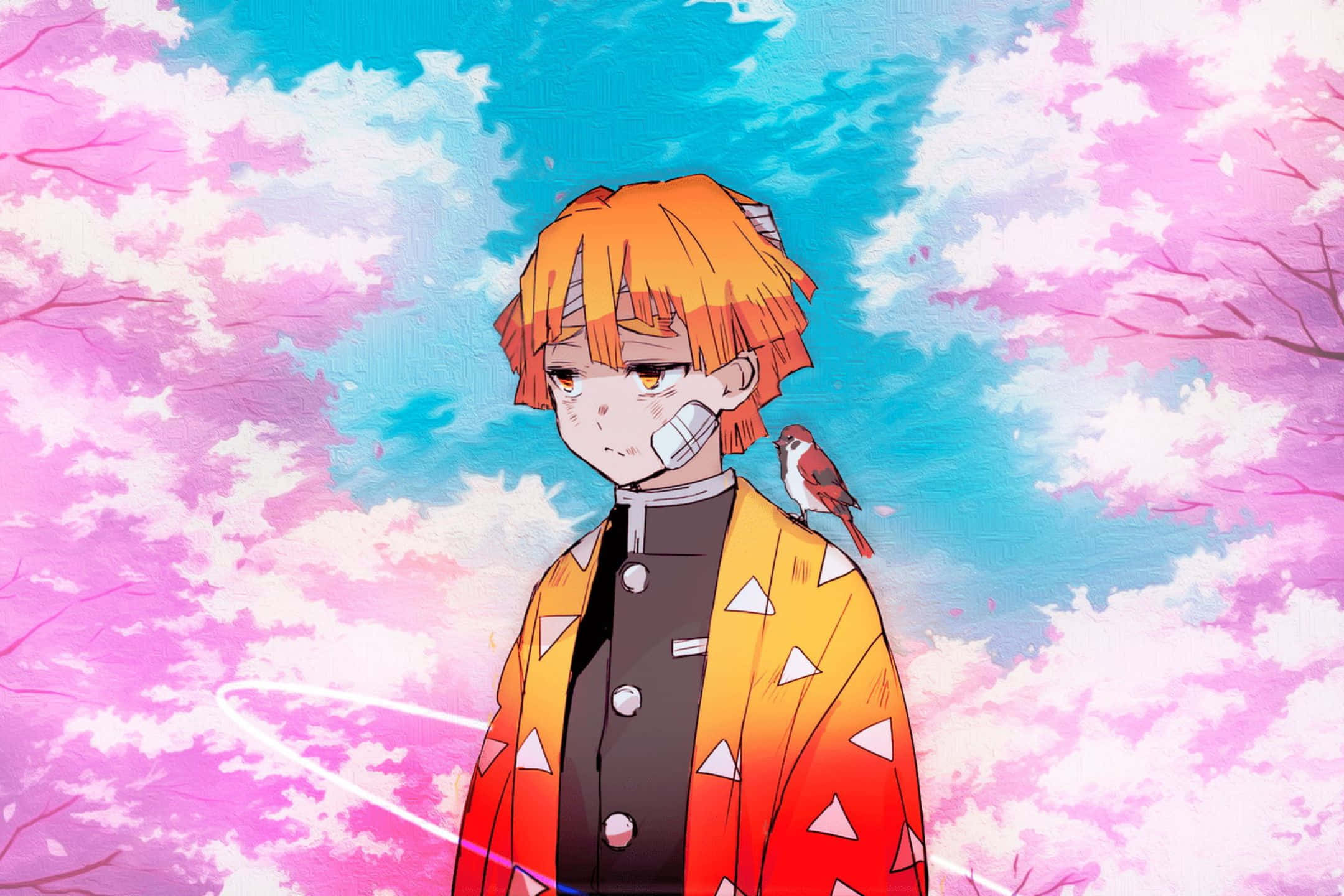 2160x1440 桌布 壁紙 — 一個橙色頭髮的動漫角色，肩上棲息著一隻鳥，站在粉紅櫻花和藍色雲朵的天空下。