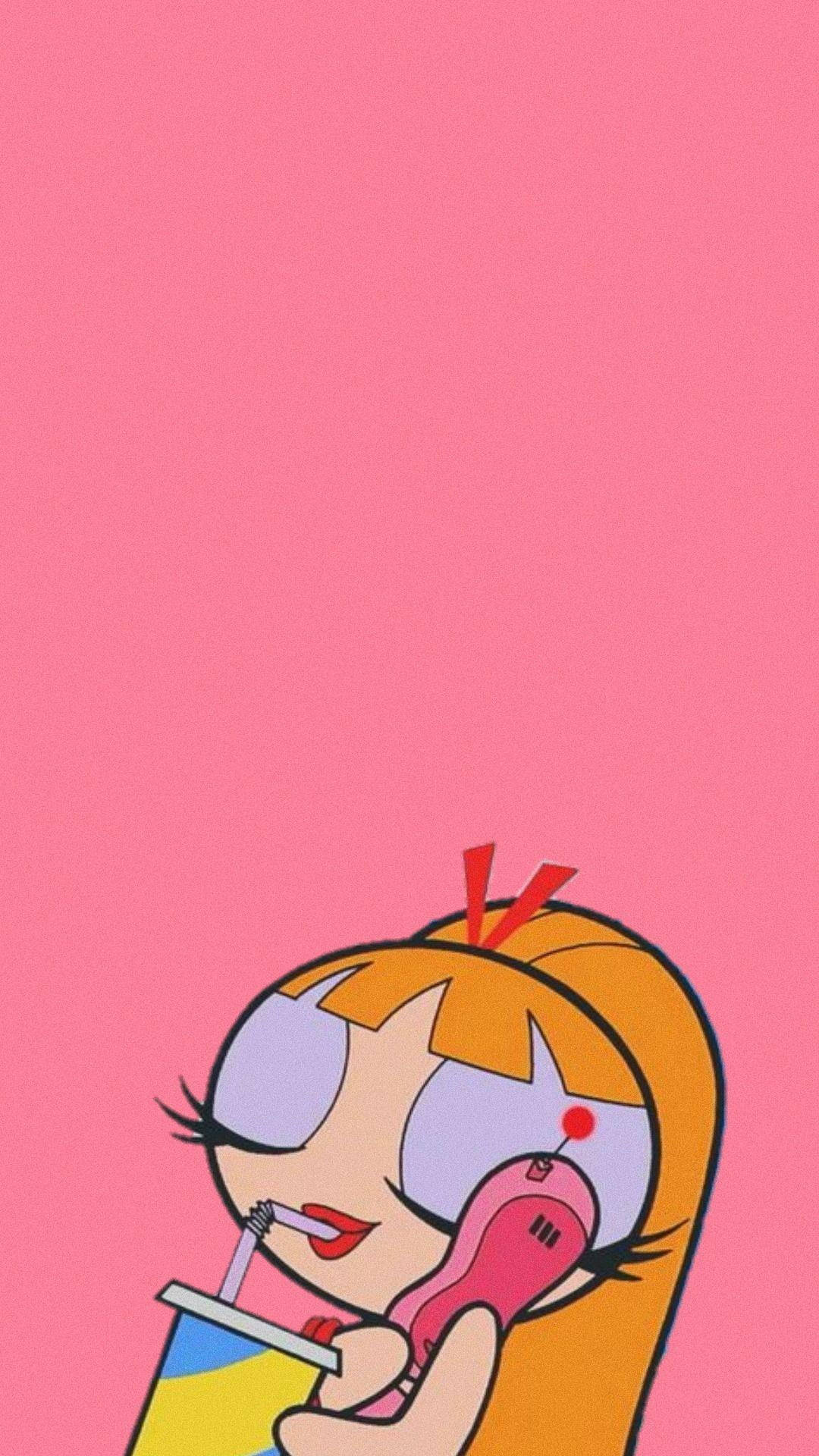 girls 桌布 壁紙 — 一個橙色頭髮的卡通女孩在純粉紅色背景前，一邊拿著粉紅色電話，一邊啜飲飲料。