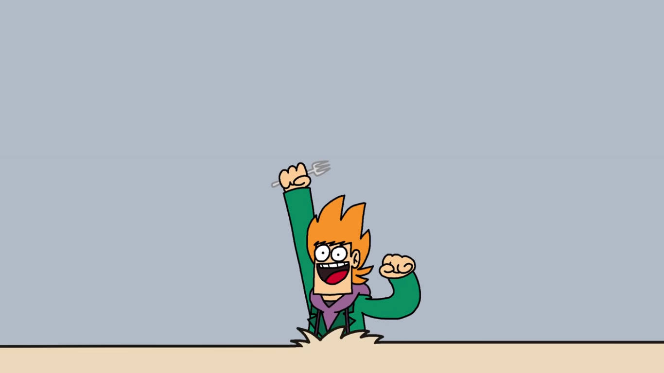 Eddsworld 桌布 壁紙 — 一個橙色頭髮的卡通角色以極簡風格從地面爆出，勝利地舉著叉子。