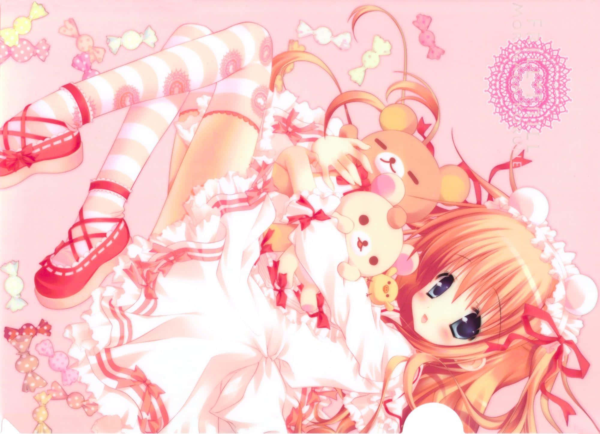 Cute Pixel Desktop 桌布 壁紙 — 一個橙色頭髮的可愛動漫女孩躺在粉紅色的房間裡，抱著一隻泰迪熊，周圍漂浮著糖果。