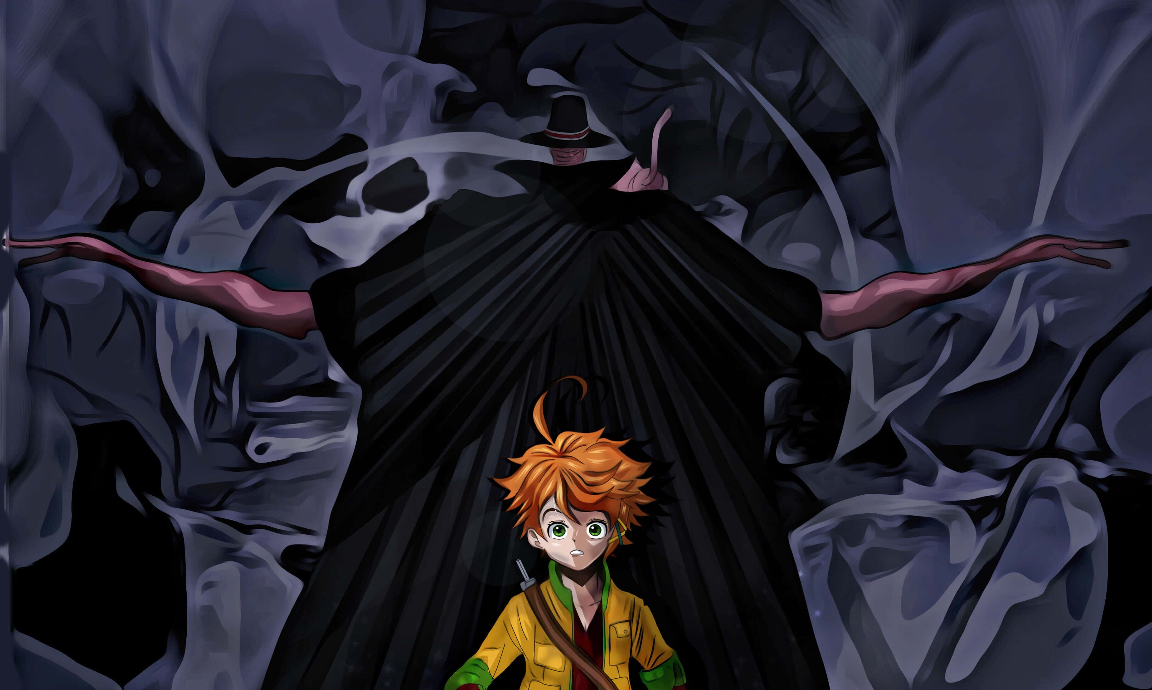 The Promised Neverland Emma 桌布 壁紙 — 一個橙色頭髮的小男孩站在一個身穿黑色斗篷和高帽的陰暗高聳身影前，背景是黑暗旋轉的。