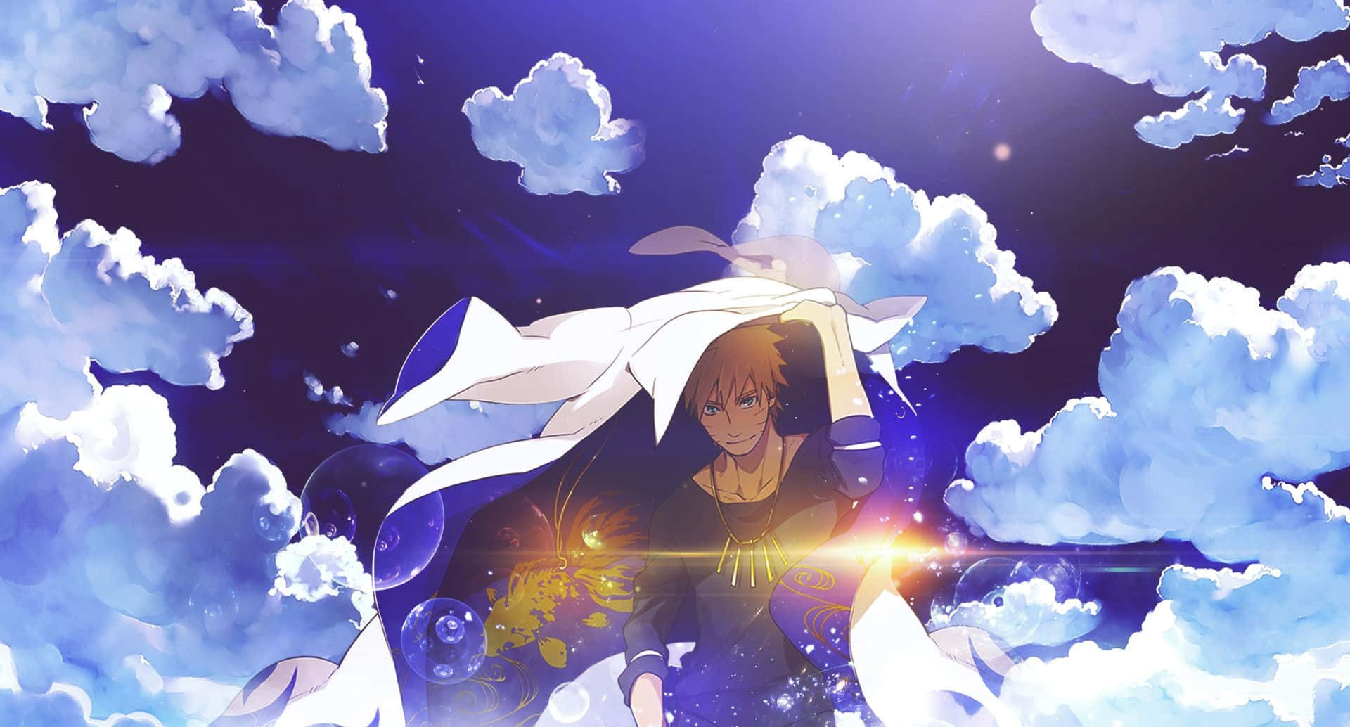 火影忍者 桌布 壁紙 — 一個橙色頭髮的年輕動漫男孩在星光燦爛的紫色天空下，漂浮在發光的雲層中，手持一個閃耀的金色球體。