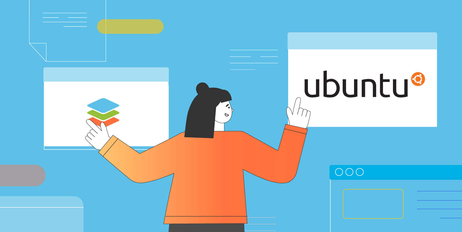 ubuntu 桌布 壁紙 — 一個橙色風格化的人物對著藍色背景上浮動的數位視窗中的Ubuntu和Linux圖示做手勢。
