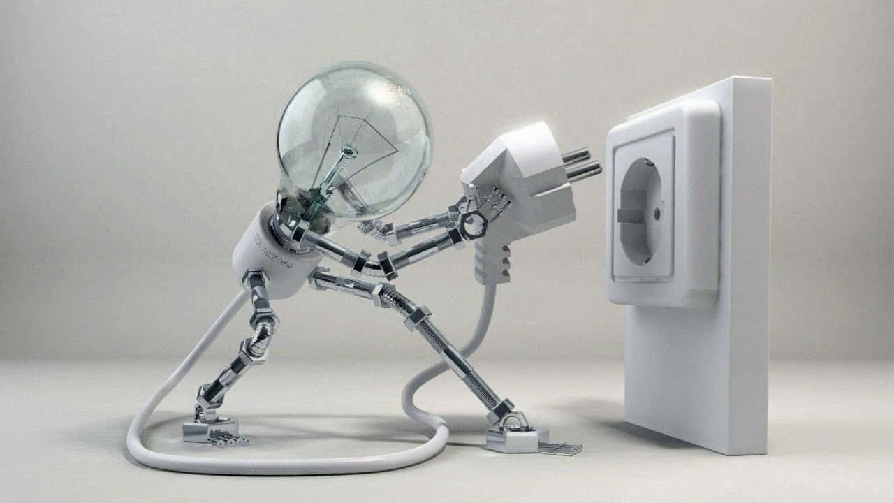 Electronics 桌布 壁紙 — 一個機器人形象，頭部為燈泡，身上纏繞白色電線，正插入牆上插座。