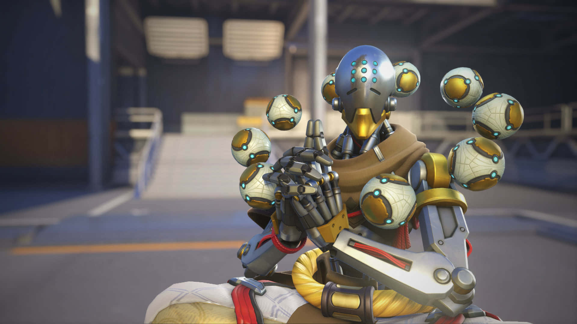 Zenyatta 桌布 壁紙 — 一個機器人角色，擁有發光的藍色眼睛和漂浮的球體，站在未來主義的工業環境中。