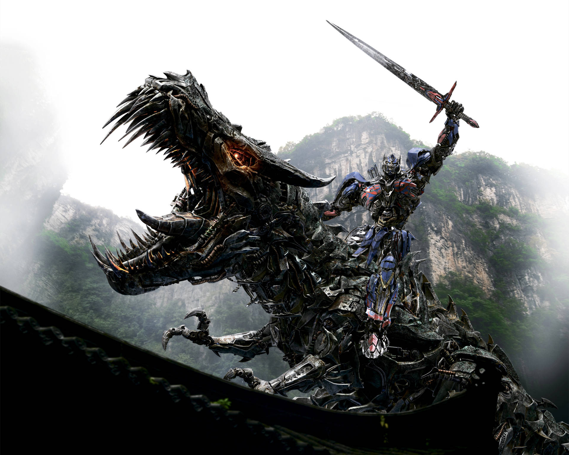 機械戰士騎著機械龍手持劍在霧氣山脈中 — 變形金剛 GIF 壁紙