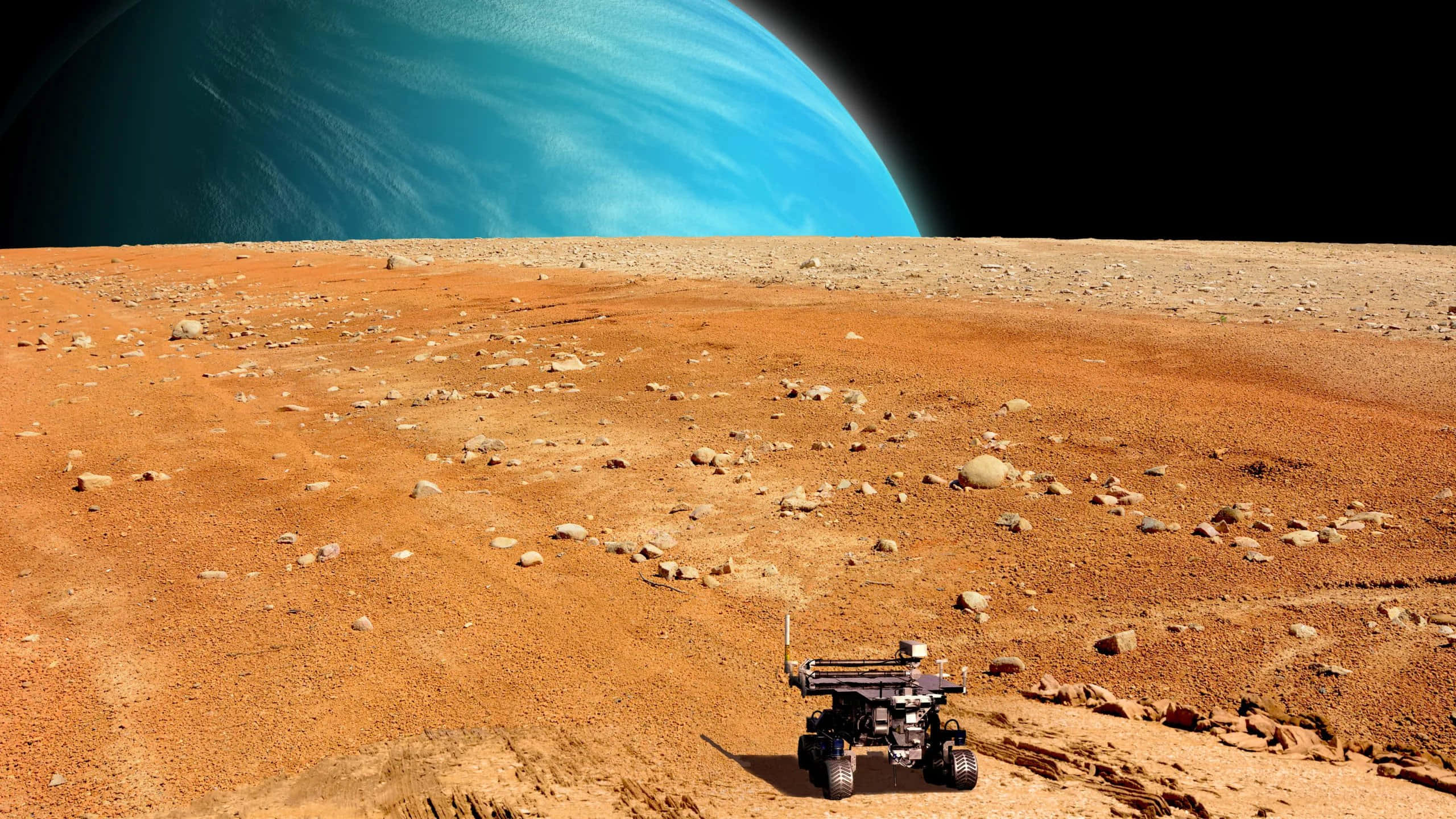 NASA 動態圖片 桌布 壁紙 — 一個機械探測車探索一個荒蕪的橙色外星行星，天空中有一個巨大的藍色行星。