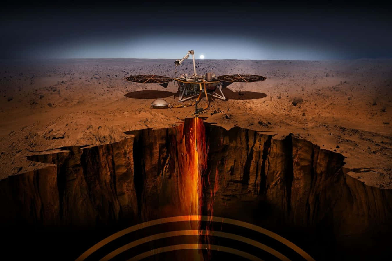 NASA 動態圖片 桌布 壁紙 — 一個機械探測車站在火星懸崖上，俯瞰著超現實外星峽谷中發光的熔岩流。
