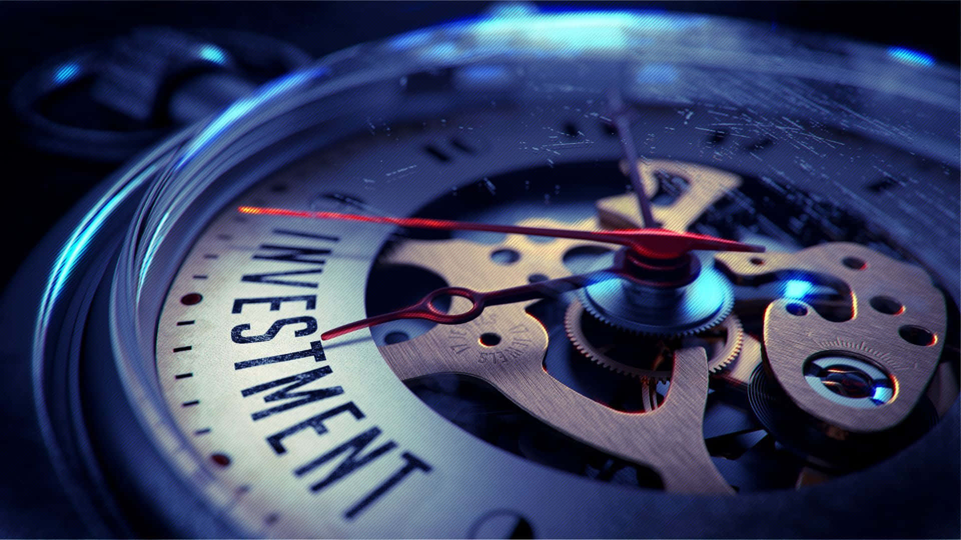 Investment 桌布 壁紙 — 一個機械時鐘的特寫，其錶面上有「INVESTMENT」字樣，在藍光下發光。