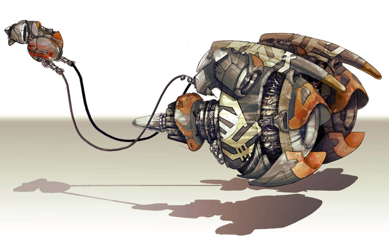 The Podrace 桌布 壁紙 — 一個機械生物的詳細插圖，具有裝甲節段和拖曳的電纜，背景為純色。