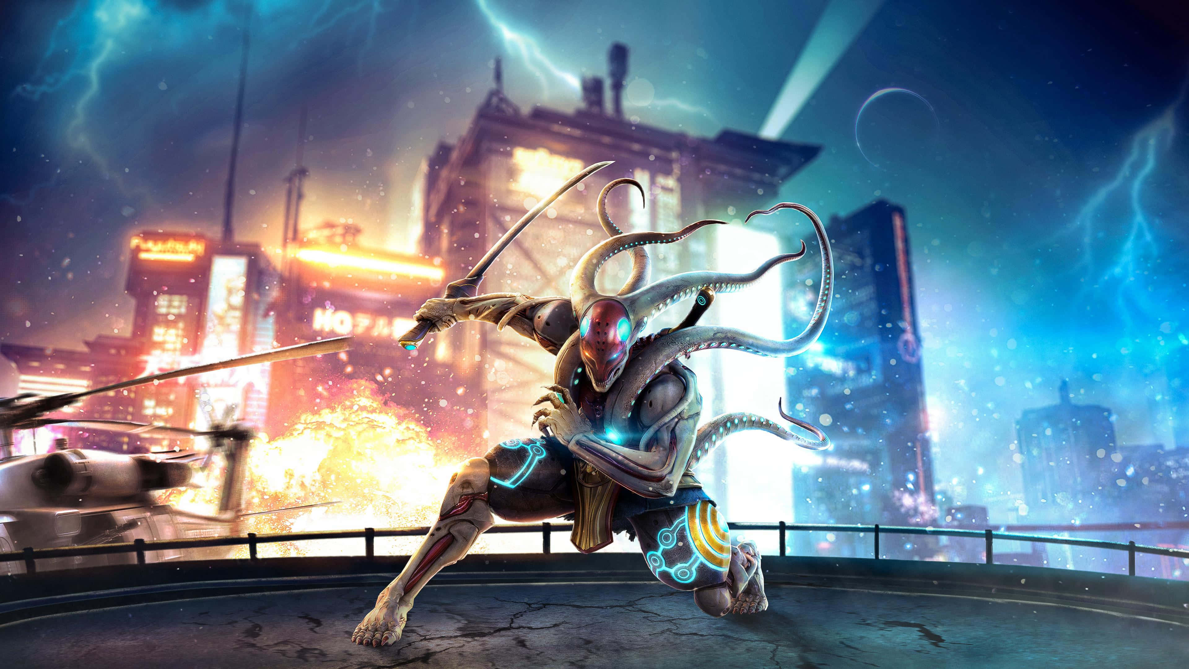 Tekken Characters 桌布 壁紙 — 一個機械章魚戰士在屋頂上揮舞發光的刀刃，背景是暴風雨天空下霓虹燈閃爍的未來城市景觀。