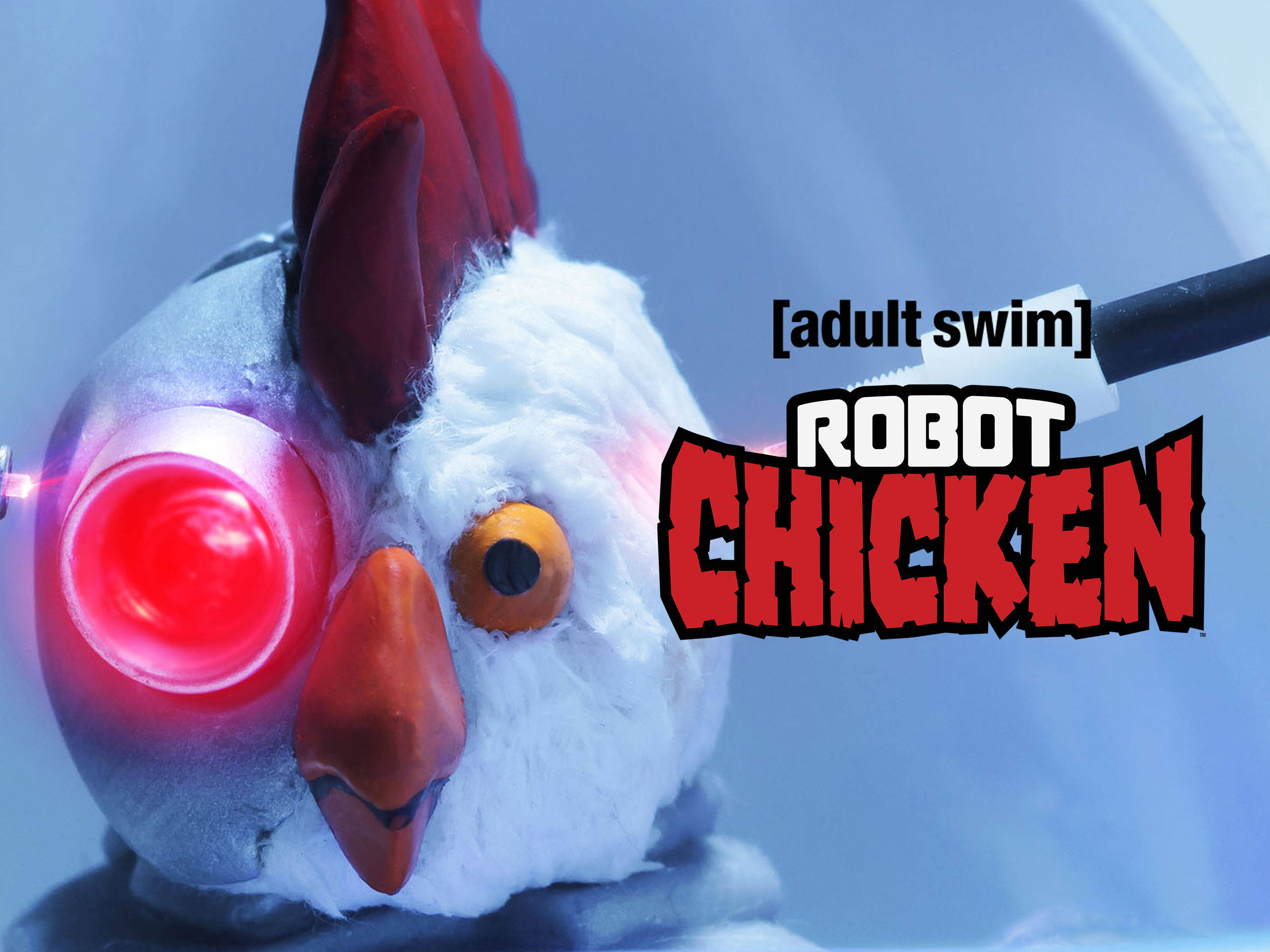 Animated 桌布 壁紙 — 一個機械雞的特寫，有發光的紅色眼睛和橙色喙，背景為藍色，帶有 'Robot Chicken' 標誌。