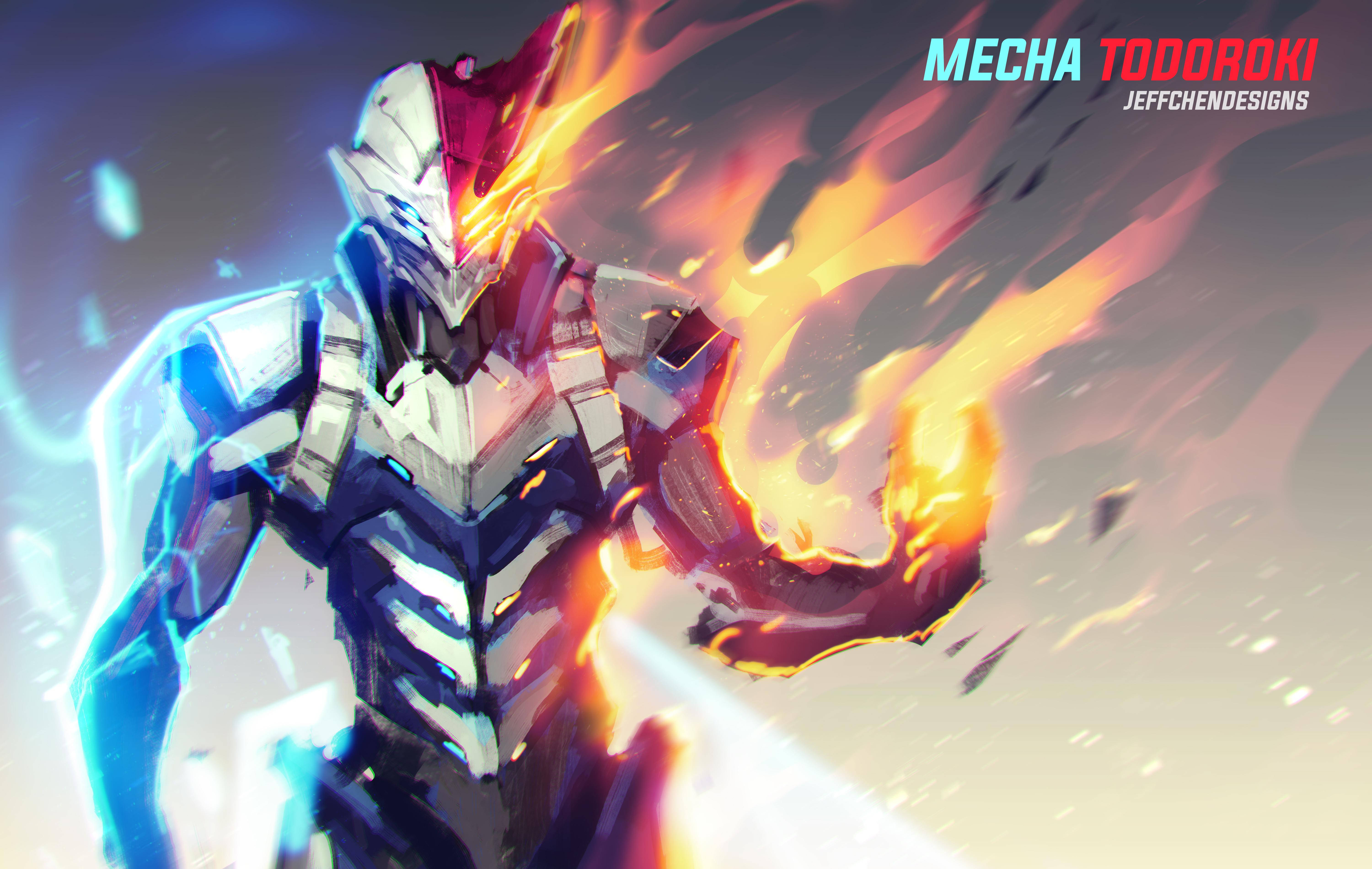 Fire Anime 桌布 壁紙 — 一個機甲戰士，其身體噴發出熾熱的橙色和冰冷的藍色能量爆炸，背景為深色漸變。