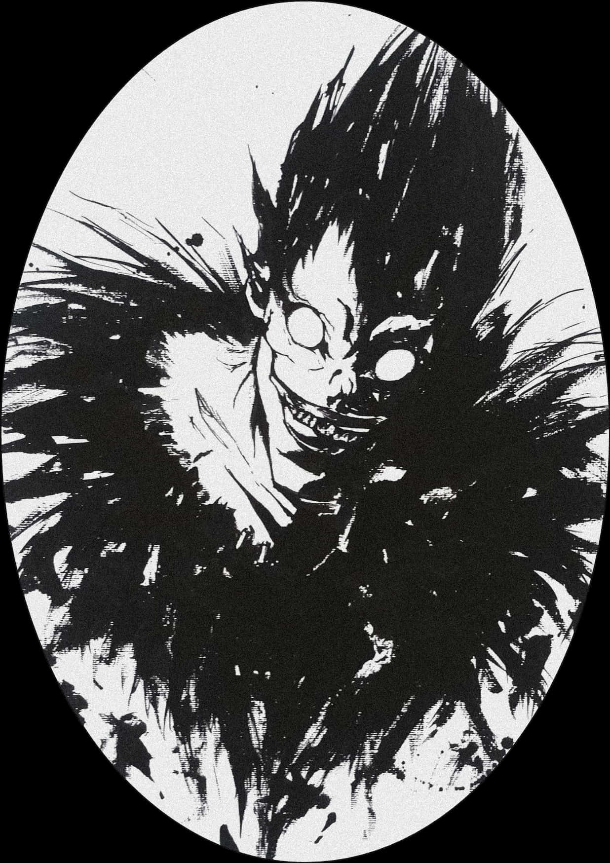 Death Note Ryuk 桌布 壁紙 — 一個橢圓形框架內，一個帶有狂野頭髮和發光眼睛的骷髏人物的威脅性黑白動漫風格插圖。
