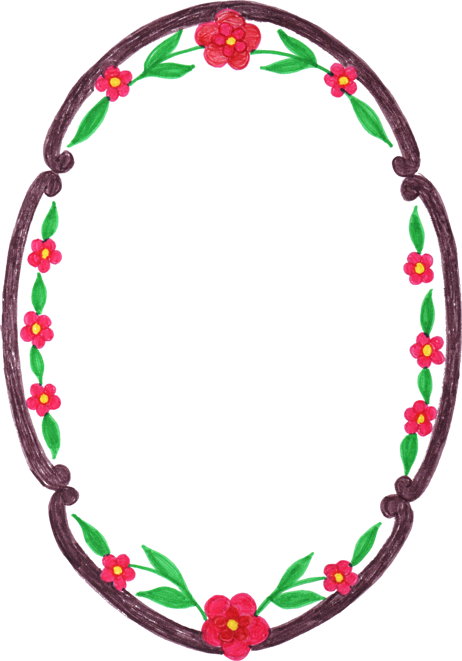 Frame 桌布 壁紙 — 一個橢圓形花卉框架，在黑色背景上，深棕色藤蔓上有紅色花朵和綠色葉子。