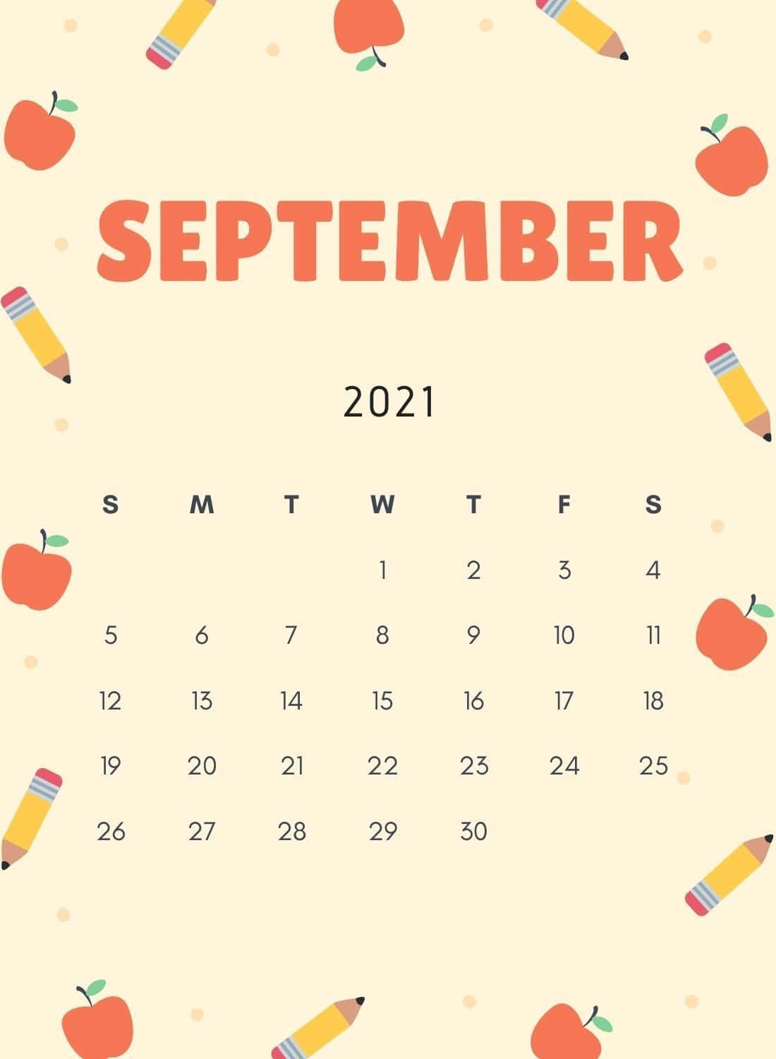 蘋果 桌布 壁紙 — 一個歡快的2021年9月日曆，橙色蘋果和黃色鉛筆散落在奶油色背景上。