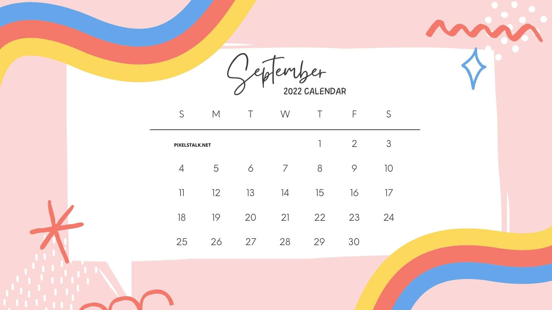 September 桌布 壁紙 — 一個歡快的2022年9月月曆，以彩色波浪線和俏皮塗鴉框在柔和的粉紅色背景上。