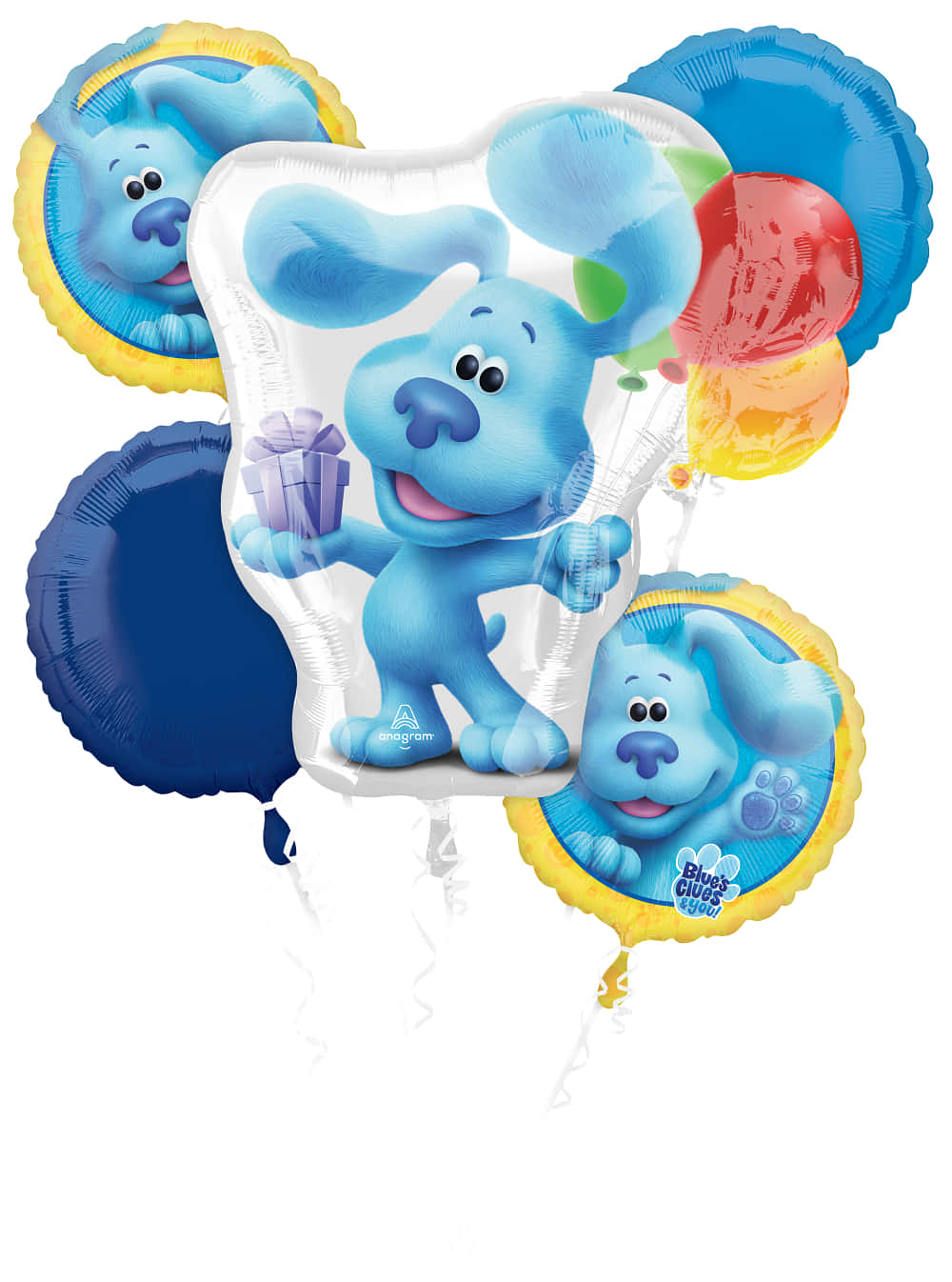 blue's clues 桌布 壁紙 — 一個歡快的Blue's Clues角色氣球花束，搭配各種彩色箔氣球，背景為白色。