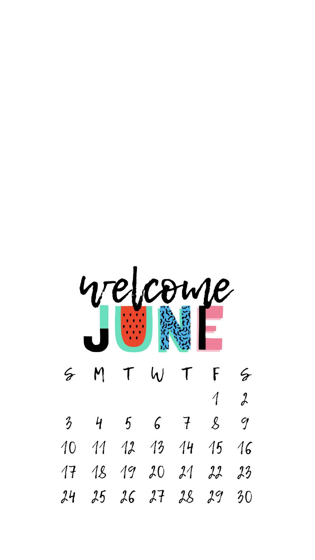 June 桌布 壁紙 — 一個歡快的六月日曆，帶有風格化的字母，在乾淨的白色背景上呈現西瓜和豹紋圖案。