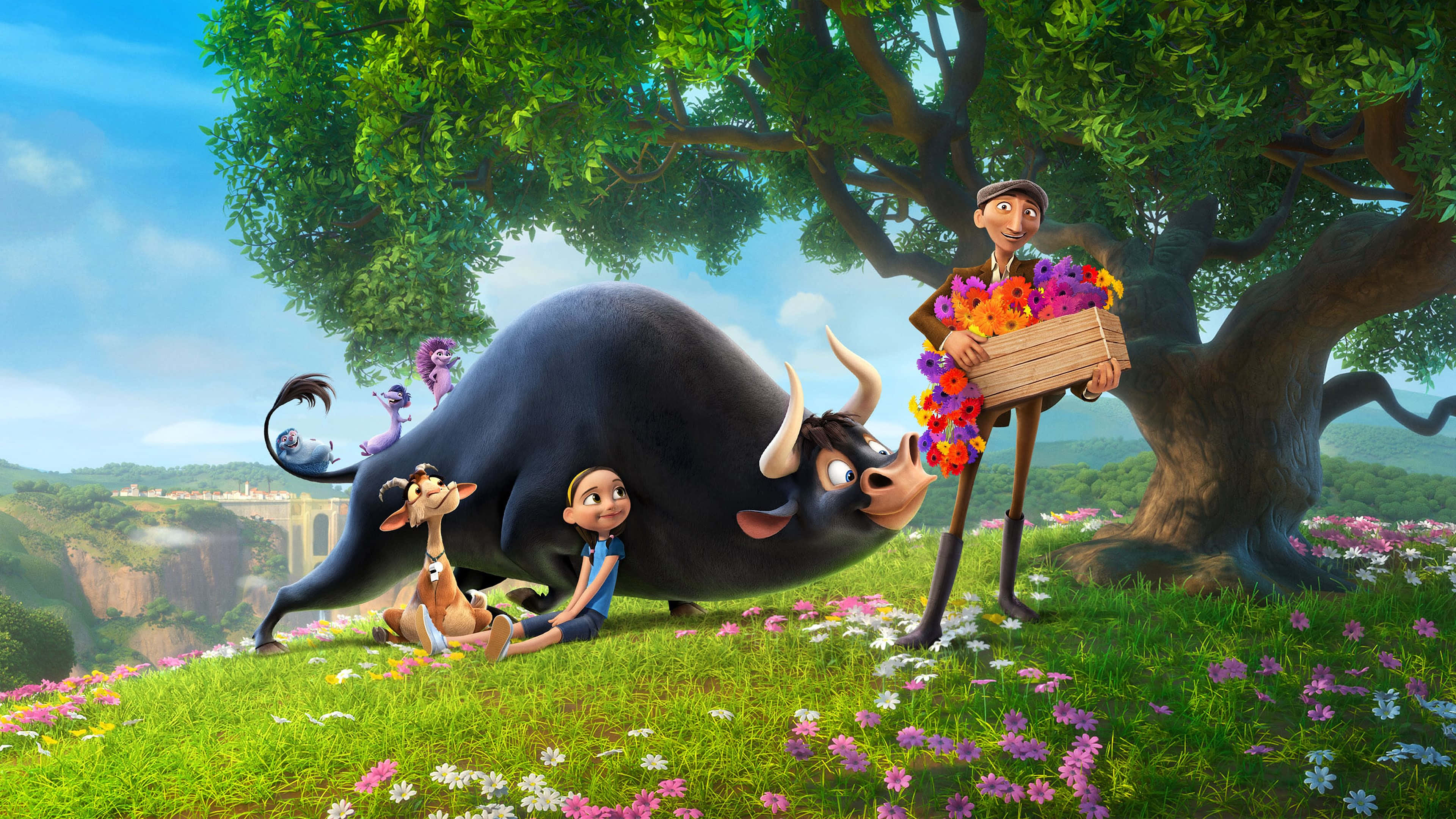 Animation Movies 桌布 壁紙 — 一個歡快的動畫場景，有一頭巨大的黑色公牛、一個男孩和一個男人，在充滿活力的草地上，一棵大樹下拿著一箱色彩繽紛的花朵。