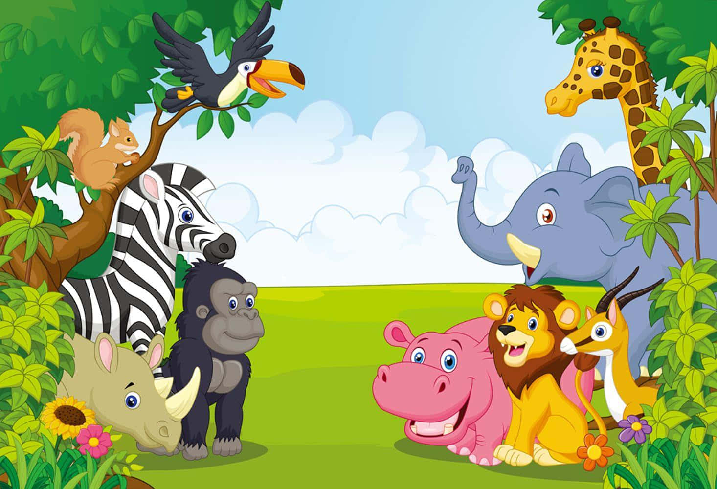 小孩動圖 桌布 壁紙 — 一個歡快的卡通叢林場景，有微笑的動物如長頸鹿、大象、獅子和斑馬聚集在茂密的綠植中，在明亮的藍天下。
