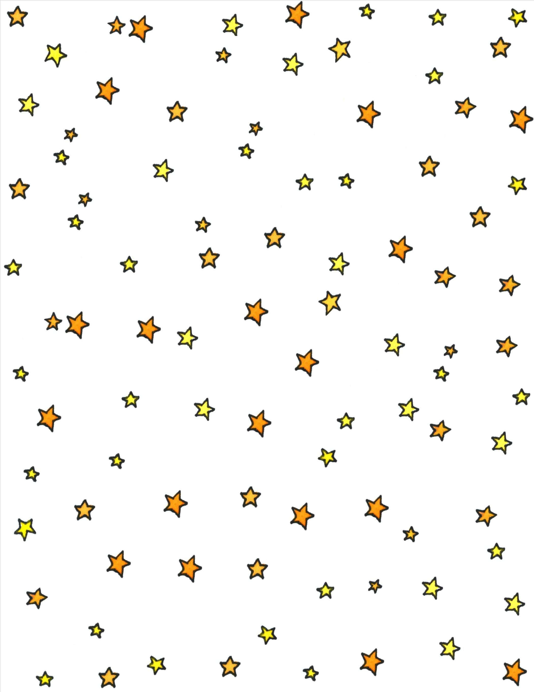 Cute Stars 桌布 壁紙 — 一個歡快的圖案，在純白色背景上散佈著帶有黑色輪廓的黃色和橙色星星。