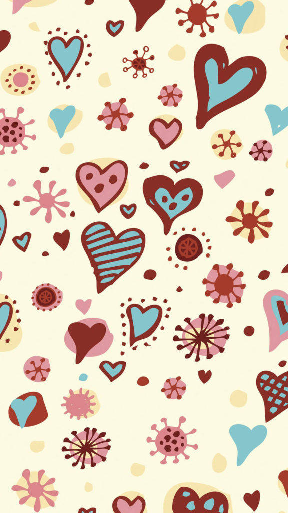 Love iPhone 桌布 壁紙 — 一個歡快的圖案，由手繪心形和花卉形狀組成，採用柔和的粉彩顏色，背景為奶油色。