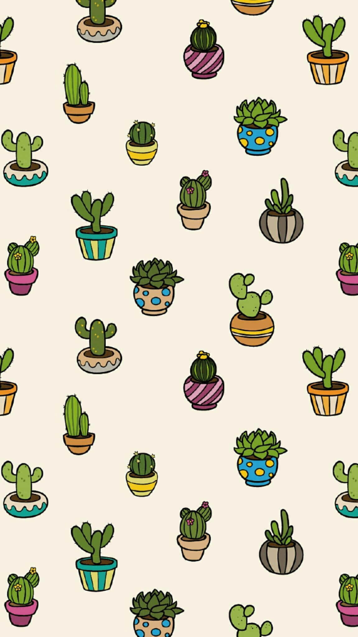 Kawaii Cactus 桌布 壁紙 — 一個歡快的圖案，由色彩繽紛的花盆中的卡通仙人掌散佈在柔軟的米色背景上。