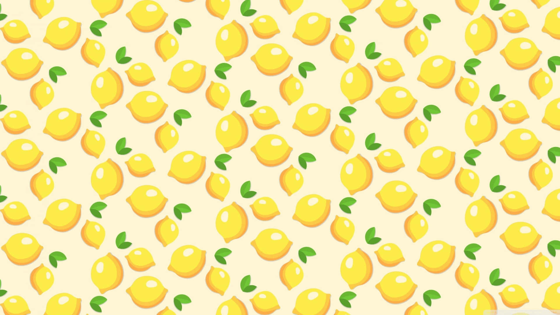 Cute Yellow 桌布 壁紙 — 一個歡快的圖案，由鮮黃色的檸檬和綠葉散佈在柔和的奶油色背景上組成。