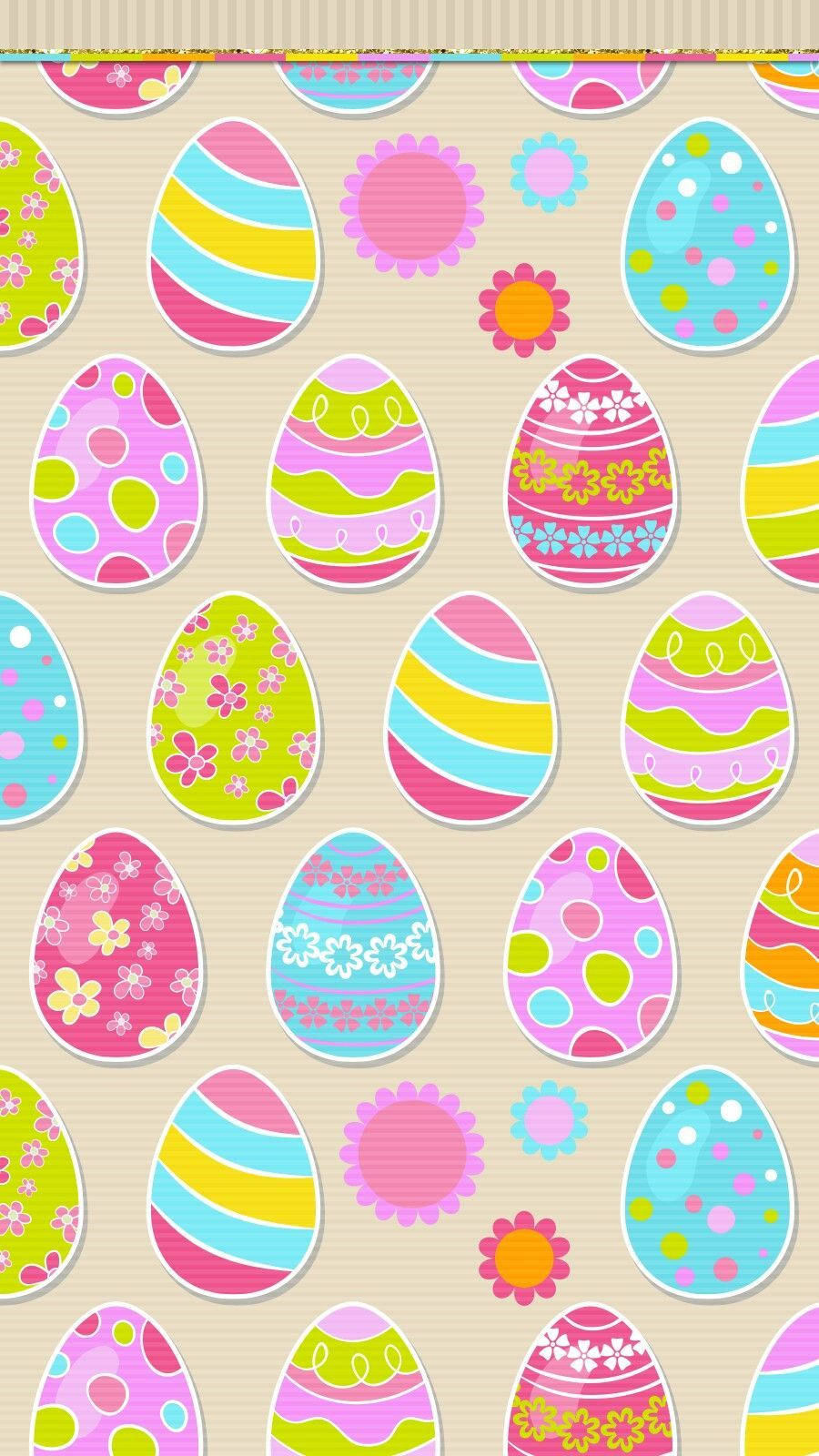 Cute Easter 桌布 壁紙 — 一個歡快的壁紙圖案，在米色背景上帶有彩色復活節蛋，配有花卉和條紋設計。