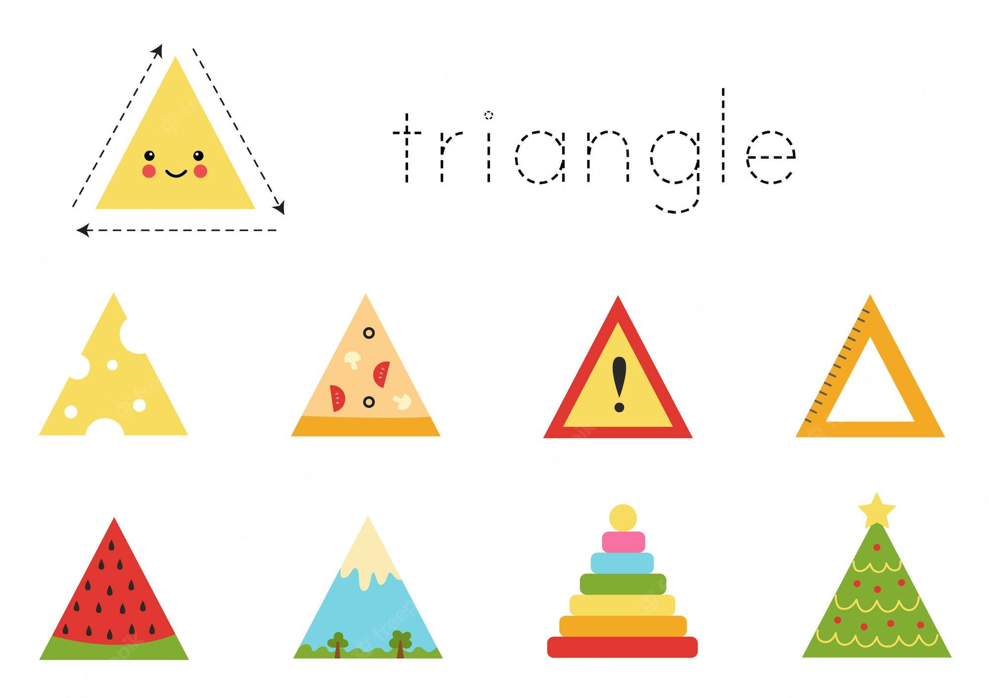 triangle 桌布 壁紙 — 一個歡快的彩色三角形圖標集合，形狀包括起司、披薩、警告標誌、尺子、西瓜、山、蛋糕和樹。