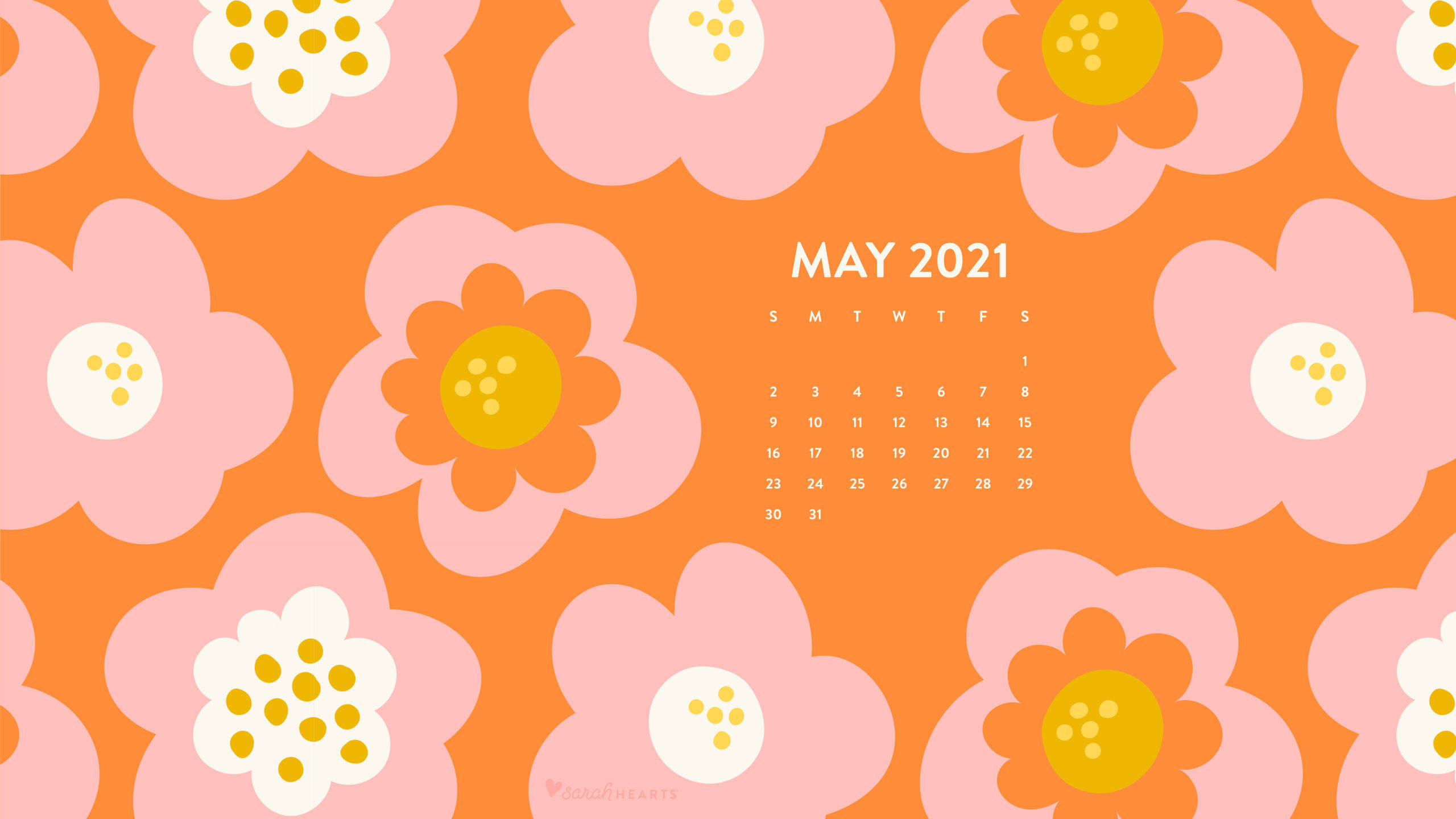 70s Flower 桌布 壁紙 — 一個歡快的數位日曆，用於2021年5月，以充滿活力的橙色背景搭配風格化的粉紅色和白色花朵。