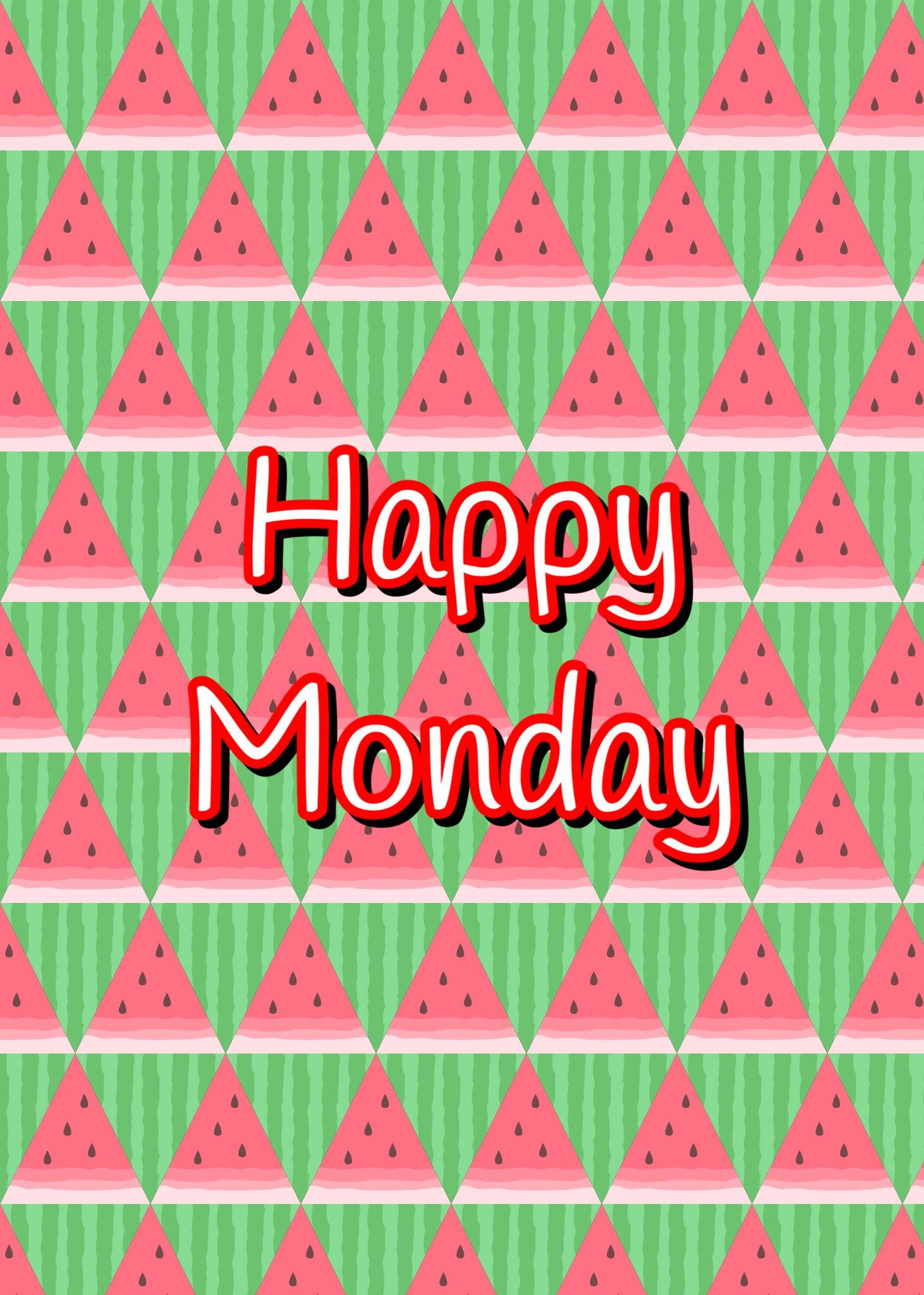 Happy Monday 桌布 壁紙 — 一個歡快的桌布，綠色條紋上重複的西瓜片和粗體紅色的「Happy Monday」文字。