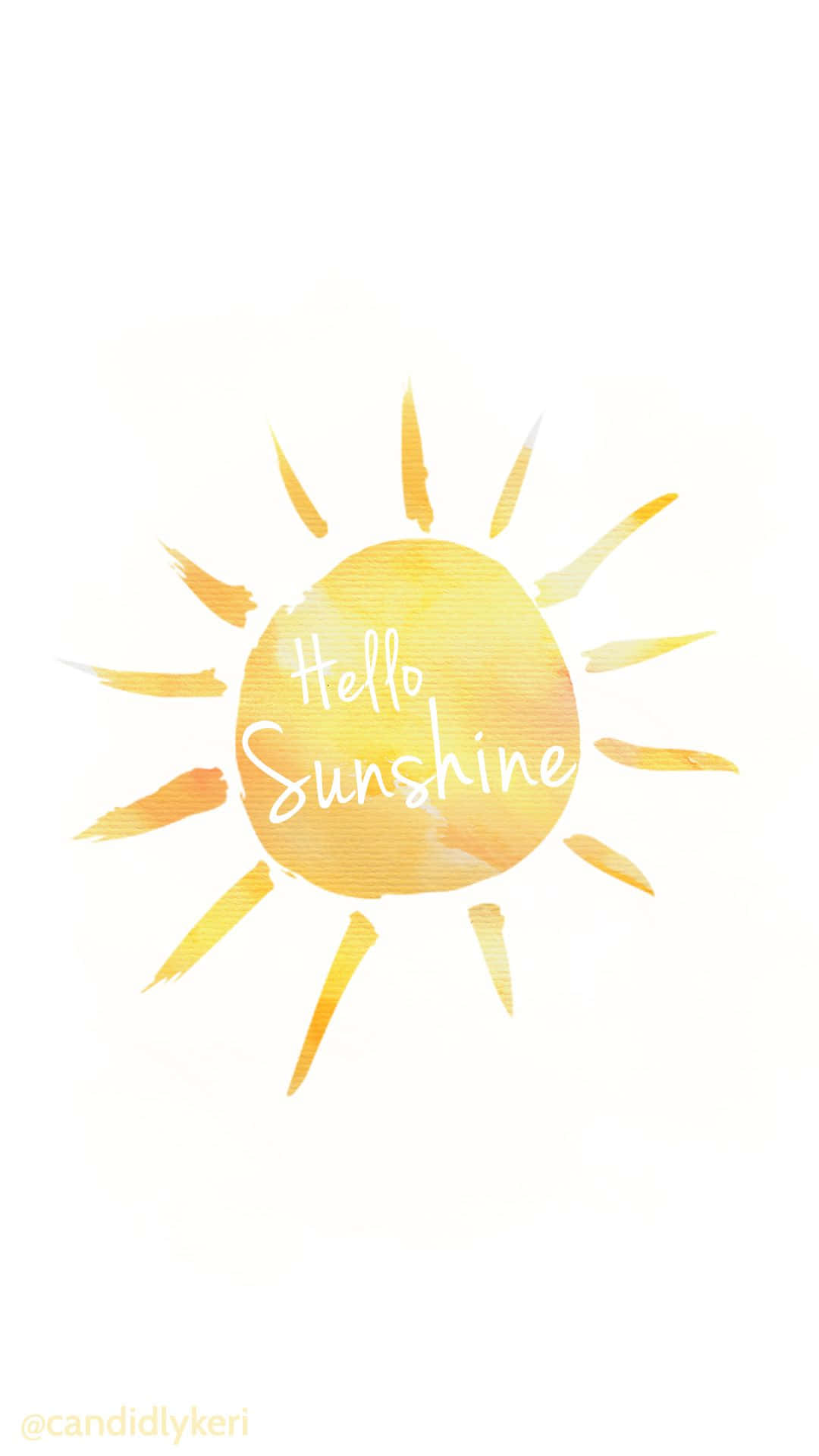 Cute Sun 桌布 壁紙 — 一個歡快的水彩太陽，帶有黃色光線和文字 hello sunshine，在白色背景上散發溫暖。