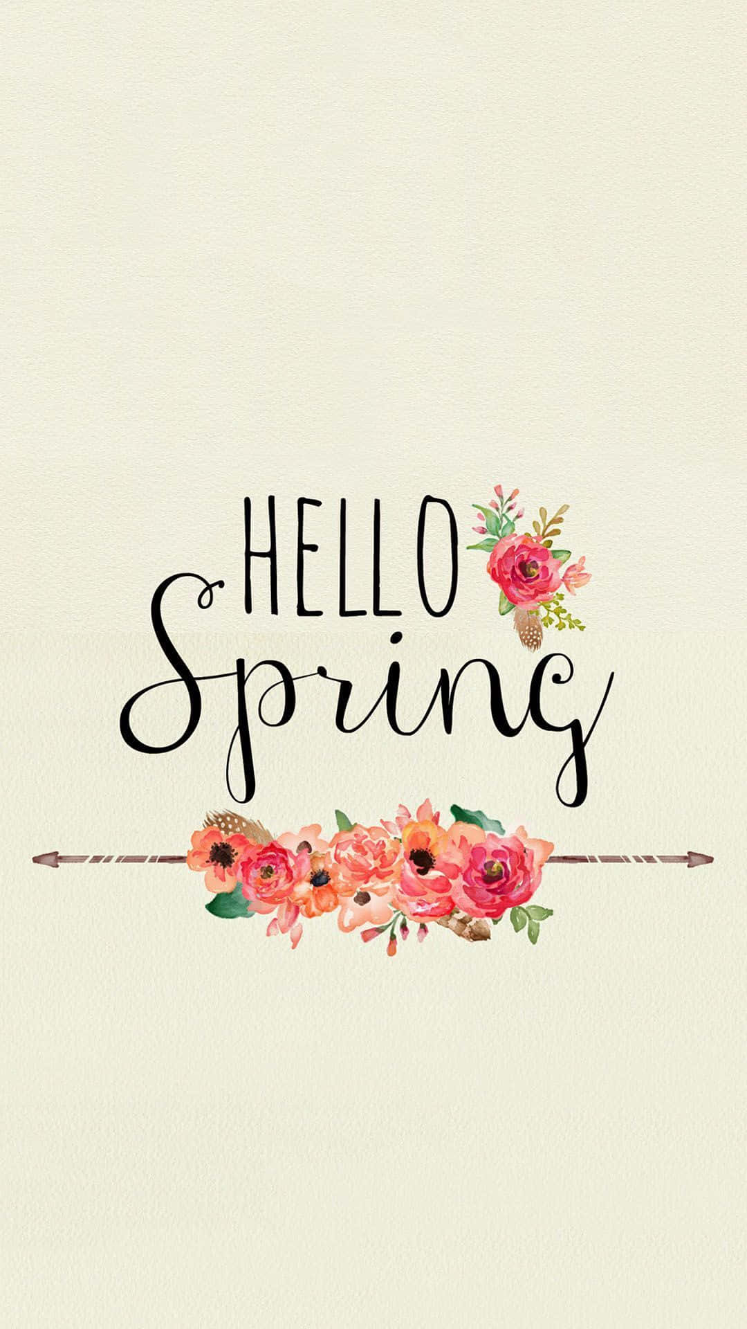 Hello 桌布 壁紙 — 一個歡快的水彩花卉設計，帶有「Hello Spring」文字和粉橙色花朵，背景為奶油色。