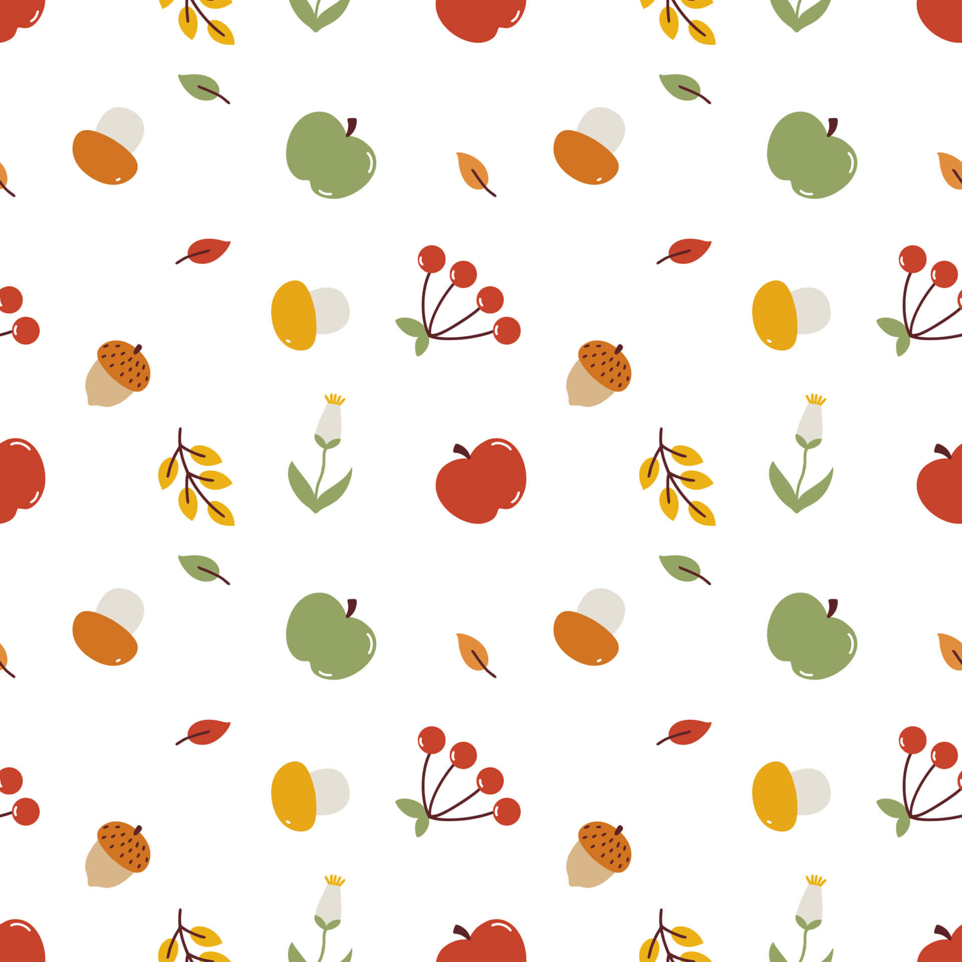 Cute Fall Pattern 桌布 壁紙 — 一個歡快的秋季主題圖案，蘋果、橡果、樹葉和漿果散落在潔淨的白色背景上。