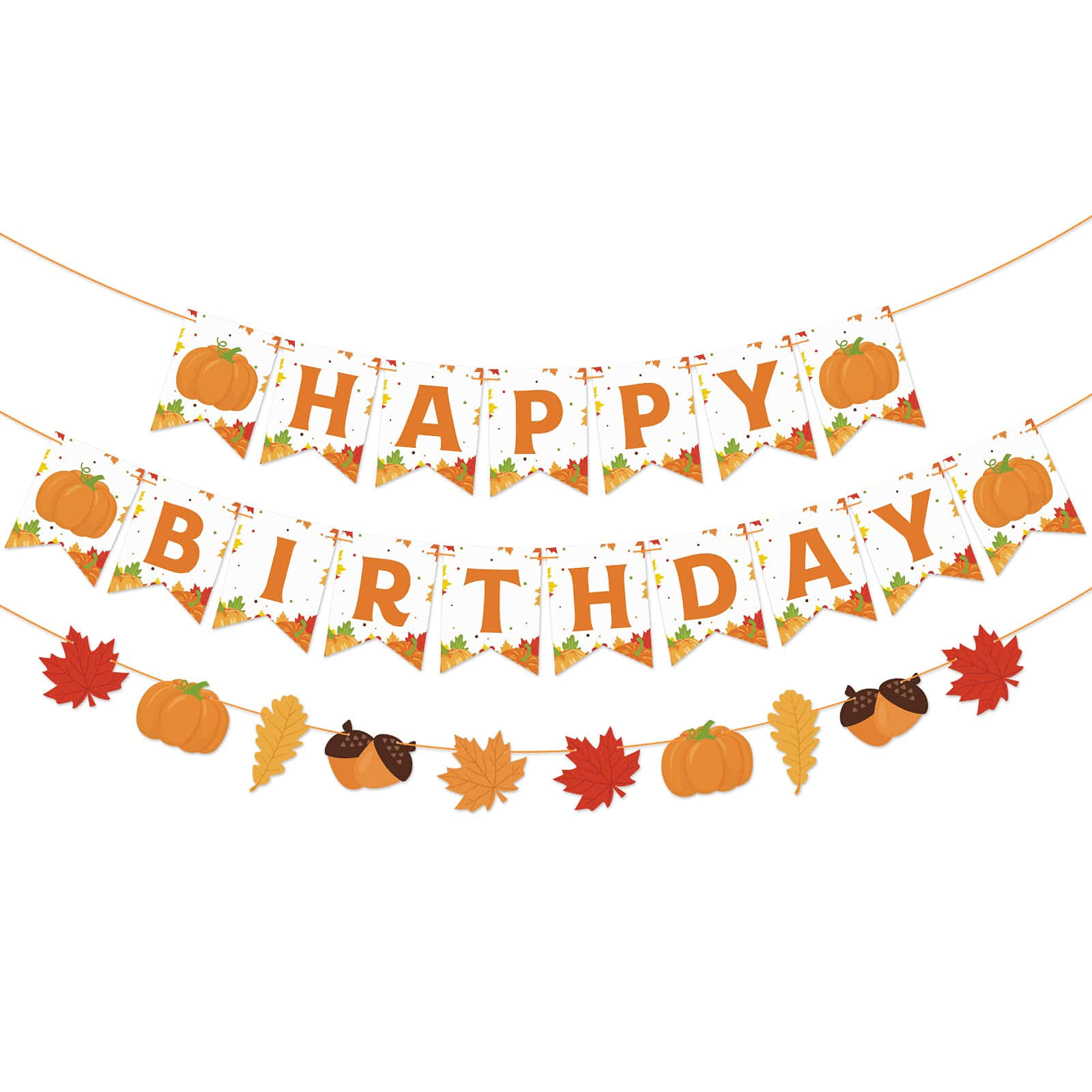 秋季 桌布 壁紙 — 一個歡快的秋季主題生日橫幅，用南瓜、樹葉和橡子拼出橙色字母的 happy birthday。