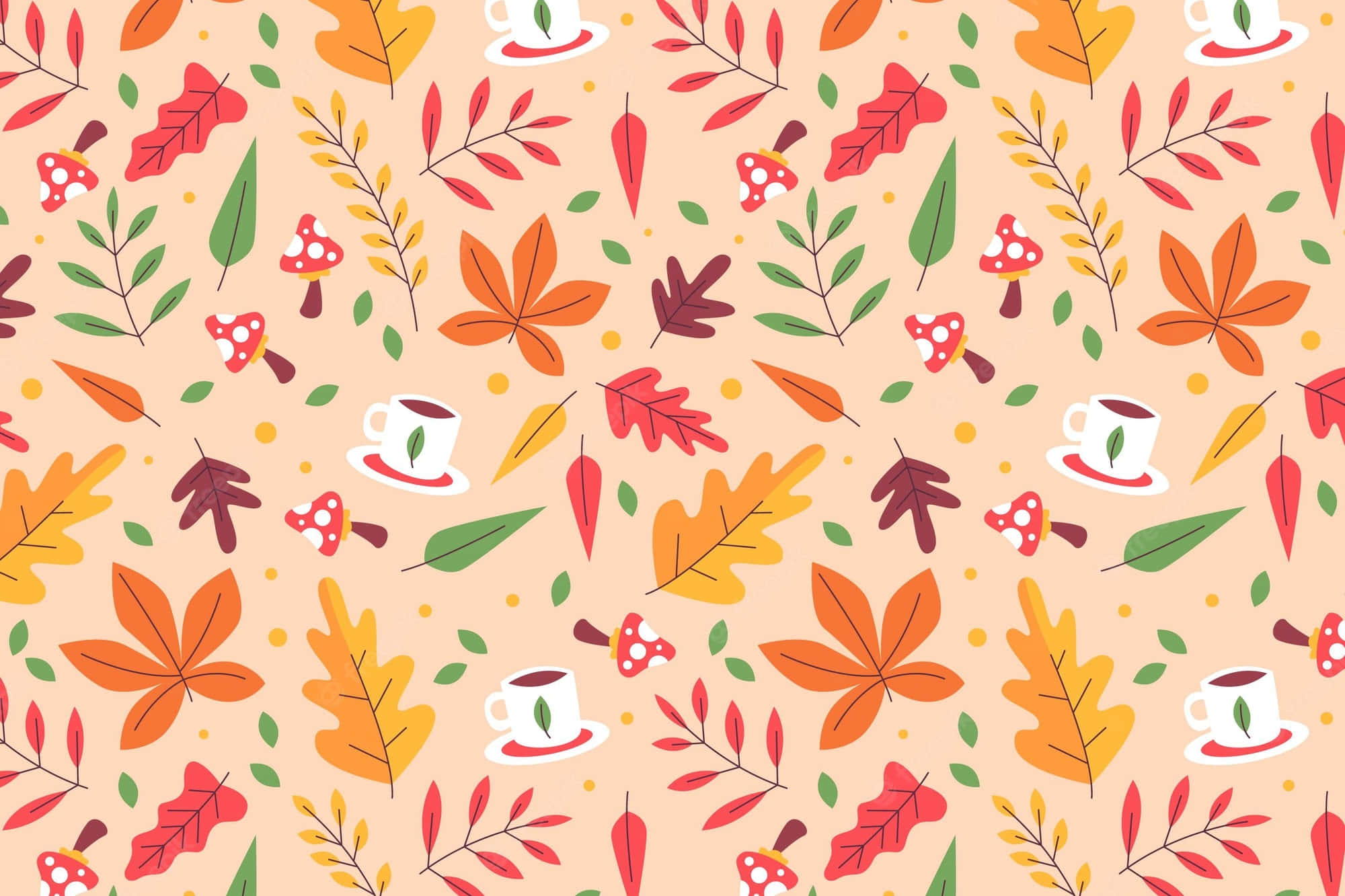 Autumn Leaves 桌布 壁紙 — 一個歡快的秋季圖案，包含橙色、紅色和綠色的葉子、蘑菇和咖啡杯，背景為柔和的蜜桃色。