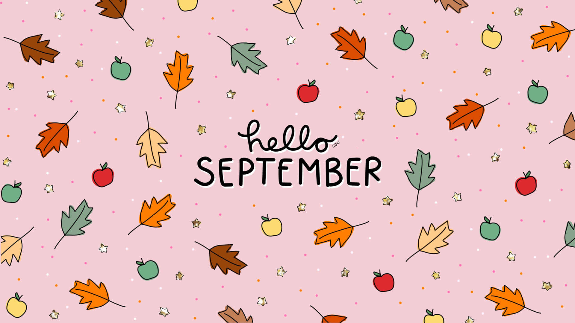 September 桌布 壁紙 — 一個歡快的粉紅色背景，散落著色彩繽紛的秋葉、蘋果和星星，迎接九月的到來。