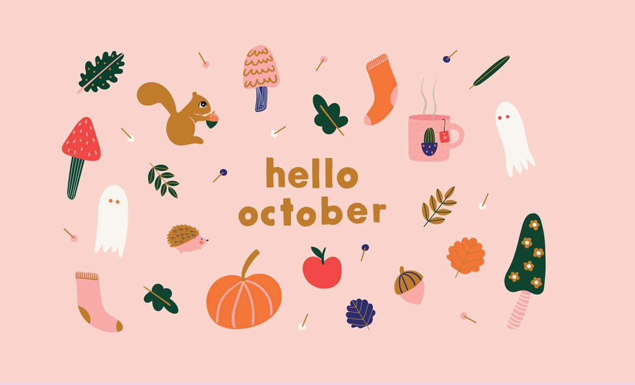 Hello October With Pumpkin 桌布 壁紙 — 一個歡快的粉紅色背景，裝飾著南瓜、松鼠和鬼魂等秋季主題圖標，慶祝你好十月。