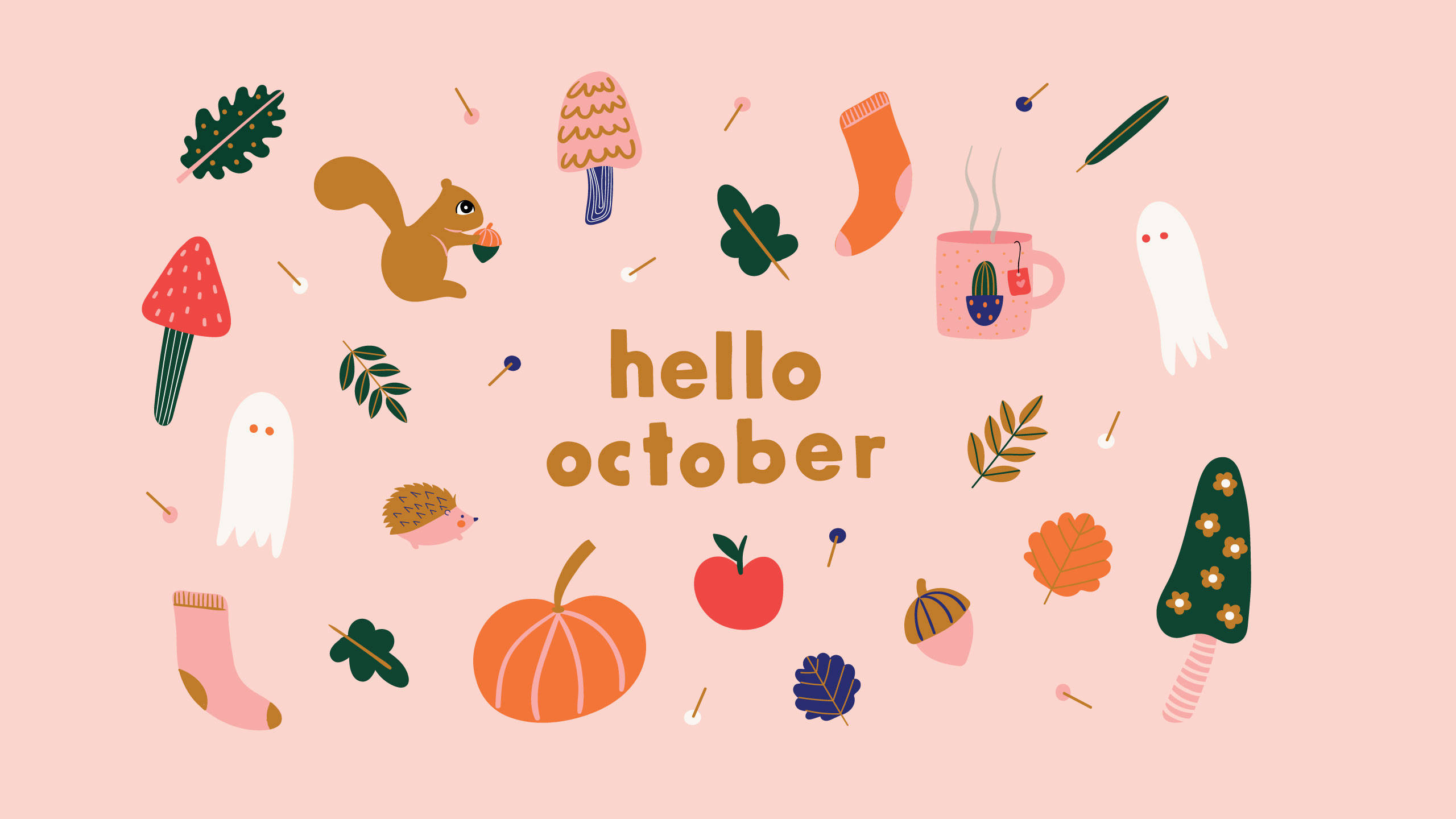 Cute October 桌布 壁紙 — 一個歡快的粉紅色背景，裝飾著可愛的秋季主題插圖，如南瓜、鬼魂和松鼠，圍繞著文字 hello october。