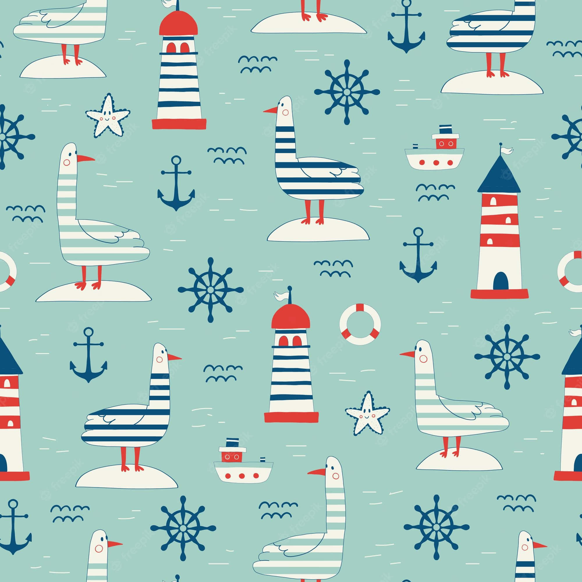 Nautical 桌布 壁紙 — 一個歡快的航海圖案，在淺藍色背景上點綴著條紋海鷗、燈塔、船錨和船隻。