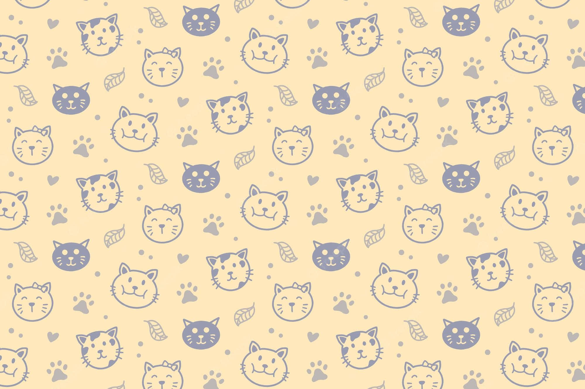 Cute Cat Pattern 桌布 壁紙 — 一個歡快的重複圖案，包含可愛的貓臉、腳印和葉子，背景為柔和的奶油色。