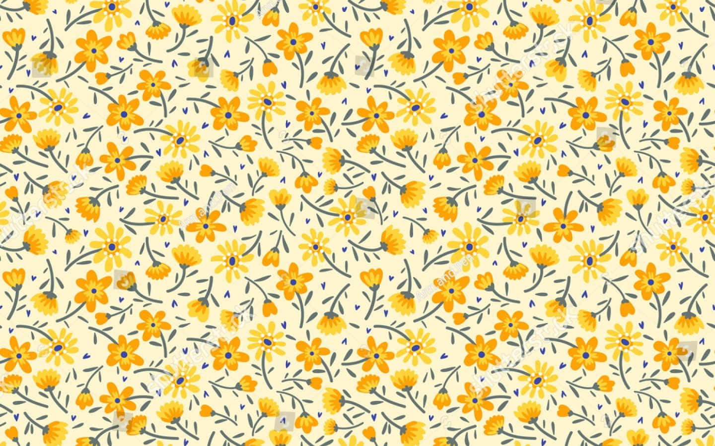 Cute Yellow Desktop 桌布 壁紙 — 一個歡快的重複圖案，由黃色雛菊、綠色莖和藍色點綴組成，背景為奶油色。