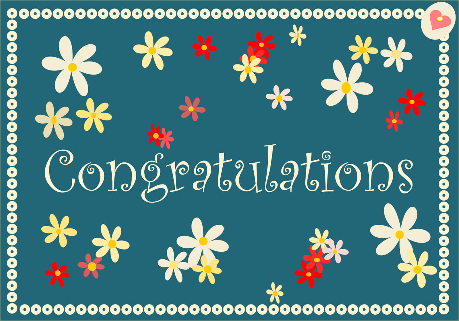 Congratulations 桌布 壁紙 — 一個歡快的青綠色背景，散落著白色、黃色和紅色的花朵，並有一個裝飾性邊框，圍繞著優雅草書體的「恭喜」二字。